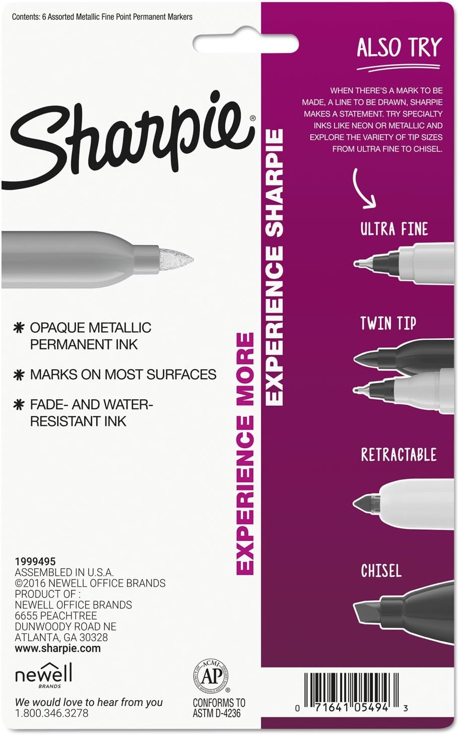 1829201 Sharpie Metallic Permanent Marker, Fine Pt, Gold/Silver/Bronze Pack of 6