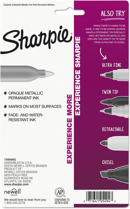 1829201 Sharpie Metallic Permanent Marker, Fine Pt, Gold/Silver/Bronze Pack of 6