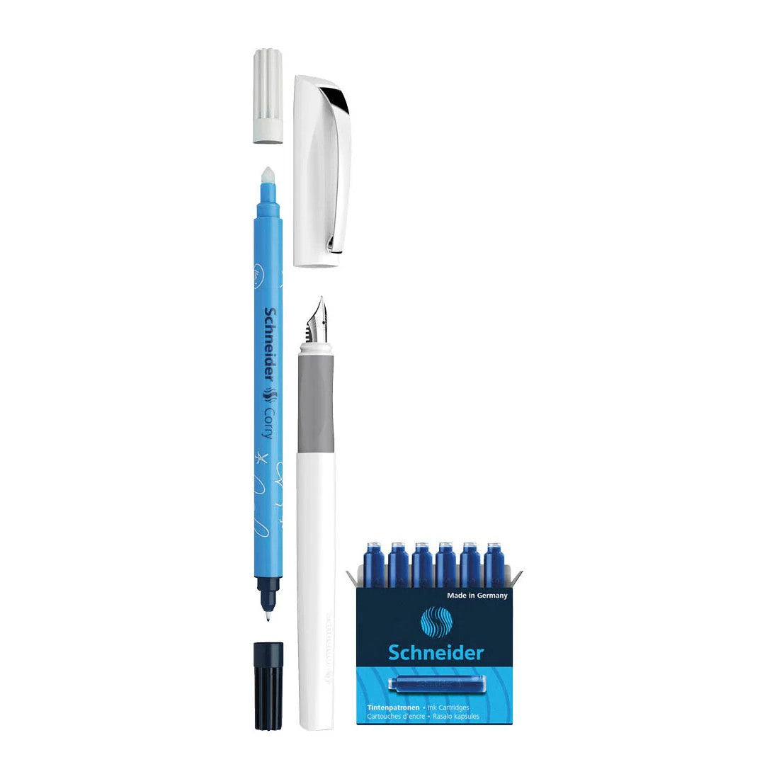 SCHNEIDER CEOD CLASSIC, FOUNTAIN PEN, 1 OF EACH PEN (WHITE), CARTRIDGE REFILL (BLUE INK), ERASER, M