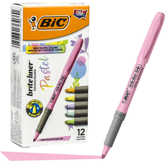 BIC Brite Liner Grip Pastel Highlighters, Assorted Colors