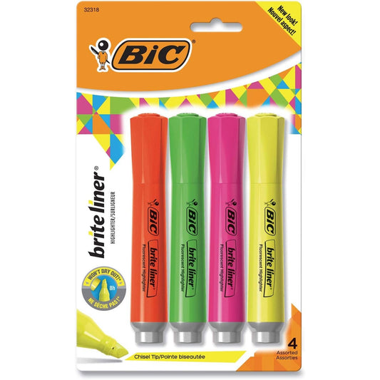 BIC Brite Liner Highlighter Tank Chisel Tip 4-Pack Blister