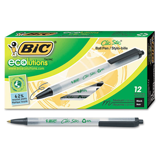 BIC Ecolution Clic Stic Medium Point (1.0mm), Black, Dozen Box