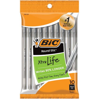 BIC Round Stic Xtra Life Ballpoint Pens, Medium Point (1.0mm), Black 10-Count