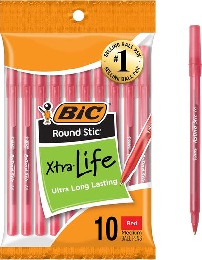 BIC Round Stic Xtra Life Ballpoint Pens, Medium Point (1.0mm), Red 10-Count