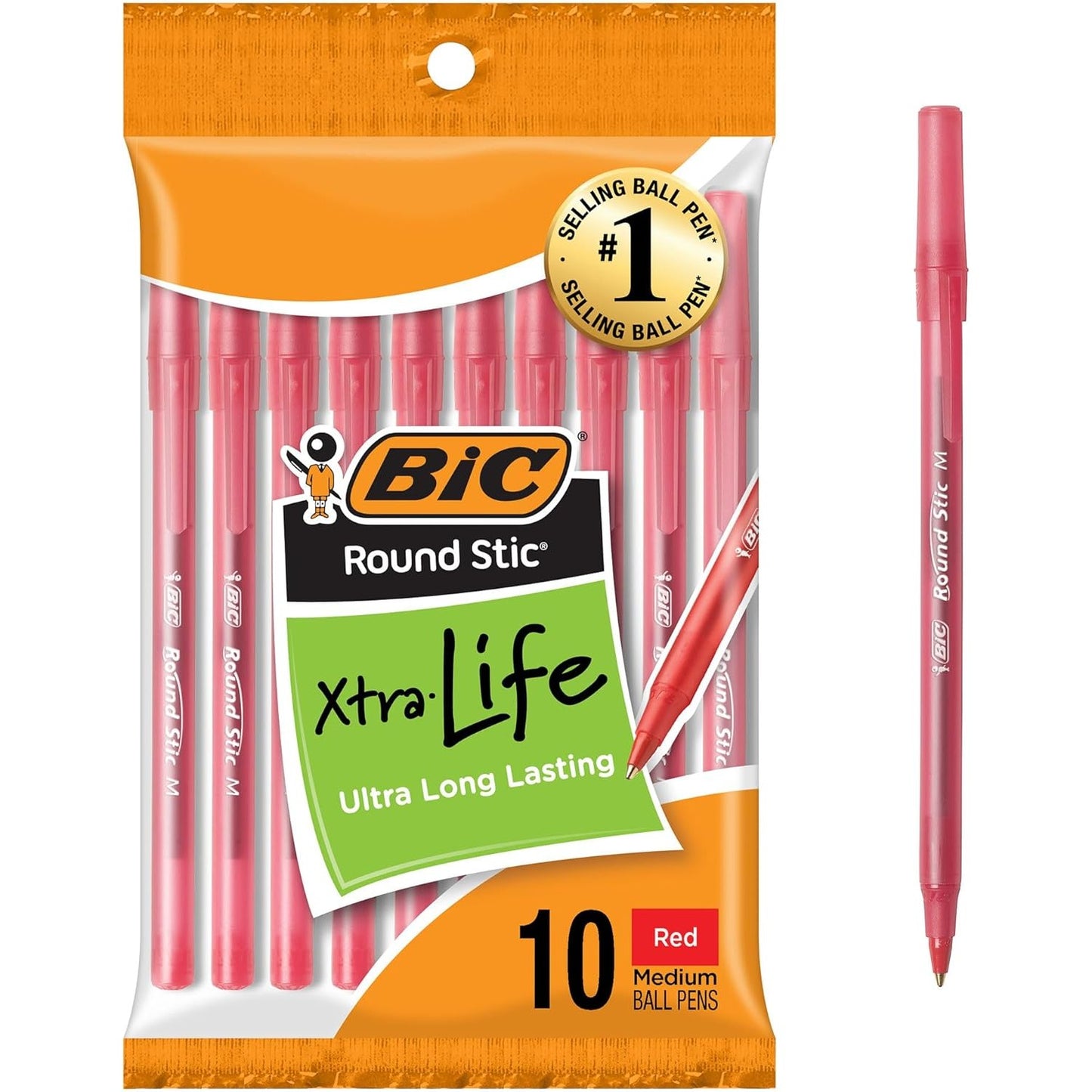 BIC Round Stic Xtra Life Ballpoint Pens, Medium Point (1.0mm), Red 10-Count
