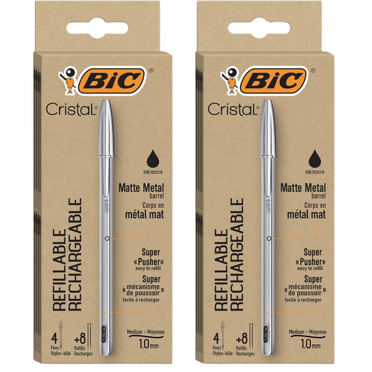 BIC Cristal Metal Refillable, Black, 8 Pack + 16 Refills