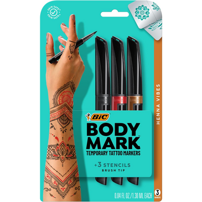 BIC BodyMark Tattoo Marker Henna 3-Pack Blister Henna (Black, Brown, Red)