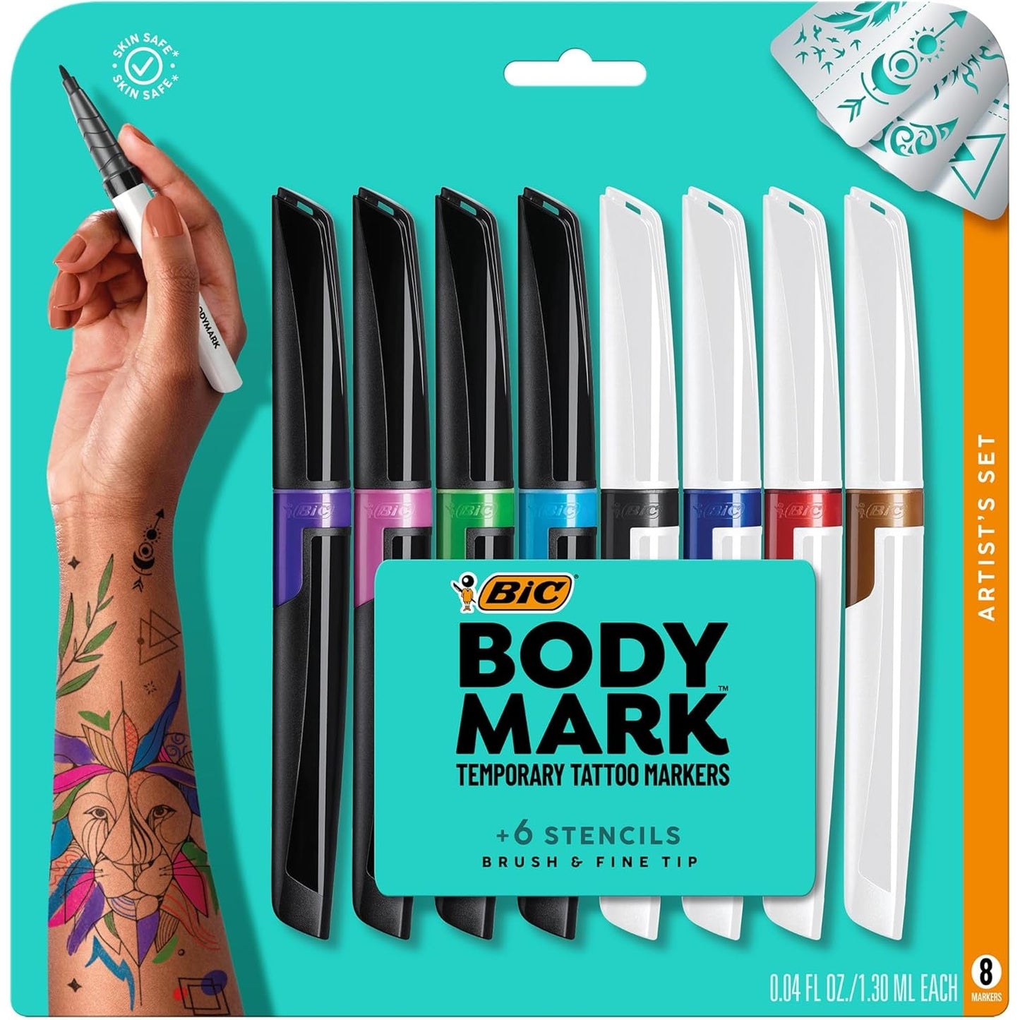 BIC Body Mark Tattoo Marker Mixed 8-Pack Blister
Contents: 4 brush tip (green, light blue, pink, purple), 4 fine tip (black, blue, brown and red) and one stencil sheet