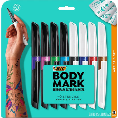 BIC Body Mark Tattoo Marker Mixed 8-Pack Blister
Contents: 4 brush tip (green, light blue, pink, purple), 4 fine tip (black, blue, brown and red) and one stencil sheet