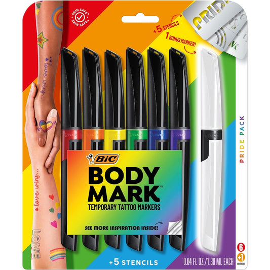 BIC BodyMark Tattoo Marker Pride Pack 6-Pack + Bonus Marker and Inspiration Pamphlet Blister (Red, Orange, Yellow, Green, Blue, Purple, Bonus Black)