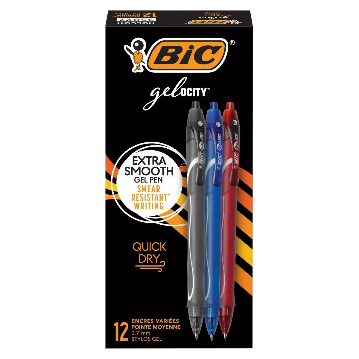 BIC Gel-ocity Quick Dry Retractable Gel Pens, Medium Point, 0.7 mm, Black/Blue/Red Asst