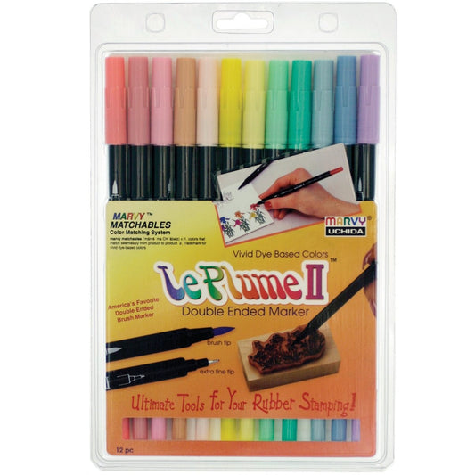 Marvy 1122-12A Le Plume ll Double-Ended Markers with Brush and FIne Tips Primary Set of 12