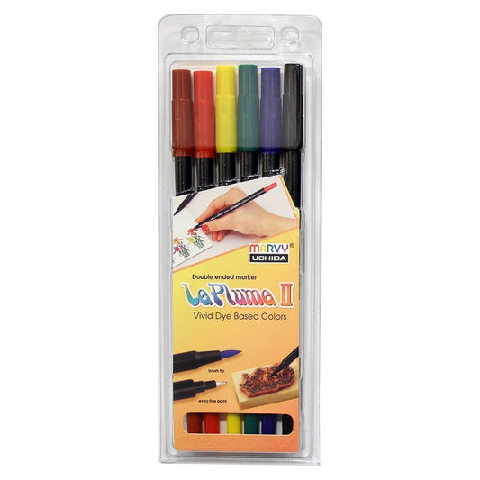Marvy 1122-6C Le Plume ll Double Ended, Brush and Fine point Primary Set of 6