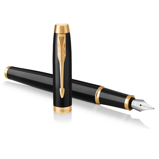 Parker 1931645 IM Fountain Pen, Black Lacquer Gold Trim, Fine Nib with Blue Ink Refill