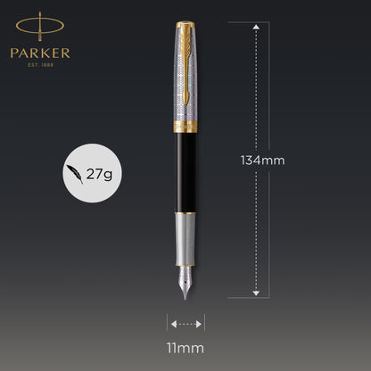 Parker Sonnet Premium Metal Black GT Fountain Pen-18K F GB