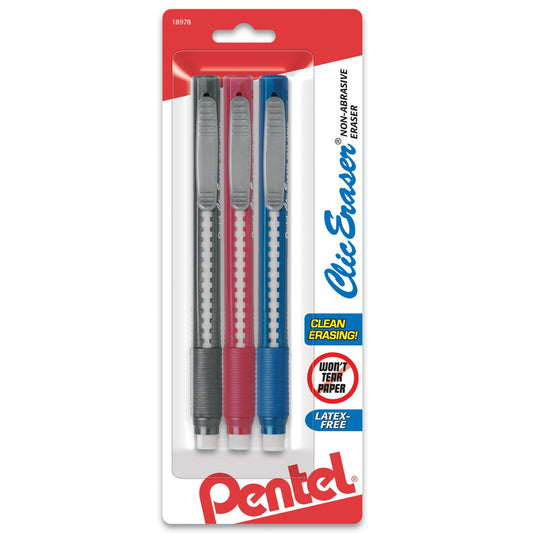 Pentel ZE21BP3M Clic Eraser Grip  Asst Barrel, 3pk