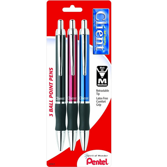Pentel BK910BP3M Client Retractable Ballpoint Pen, Assorted Barrel Colors, Black Ink, Medium Point, 3 Pack
