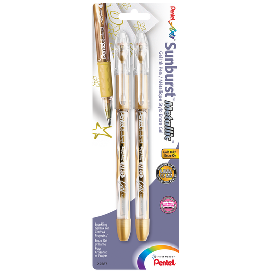 Pentel K908BP2X Arts Sunburst Metallic Gel Pen, Medium Line, Permanent, Gold Ink 2-Pk