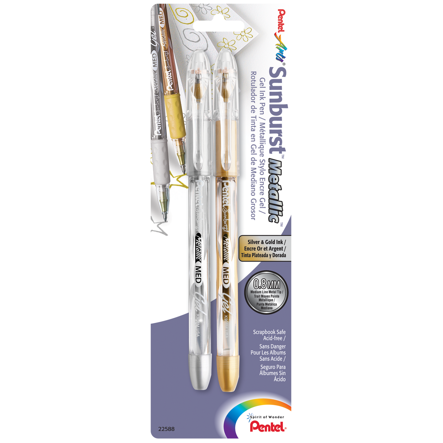 Pentel K908MBP2XZ Sunburst Metallic Gel Pen, Medium Line, Permanent Gold & Silver Ink 2-Pk