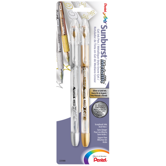 Pentel K908MBP2XZ Sunburst Metallic Gel Pen, Medium Line, Permanent Gold & Silver Ink 2-Pk