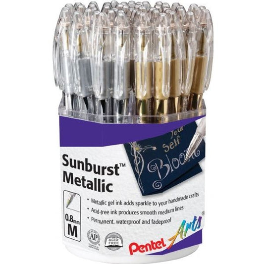 Pentel K908XZ-4 Arts Sunburst Metallic Gel Pen, Medium Line, Gold & Silver Spinner Display - 48 P...