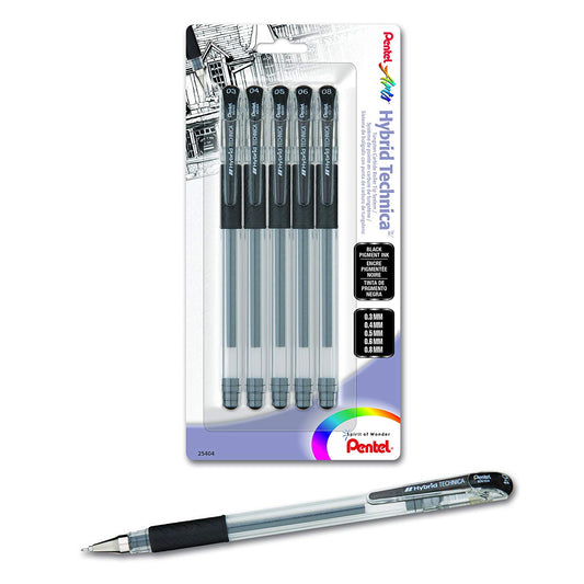 Pentel KN10BP5A Arts Hybrid Technica (0.3/0.4/0.5/0.6/0.8mm) Gel Pen, Black Ink 5-Pk Carded