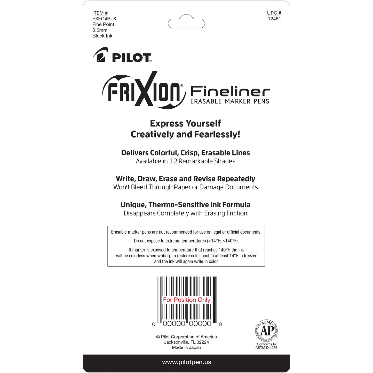 12461 Pilot Frixion Fineliner Erasable Marker Pen, Fine 0.6Mm, Black, Pack Of 4