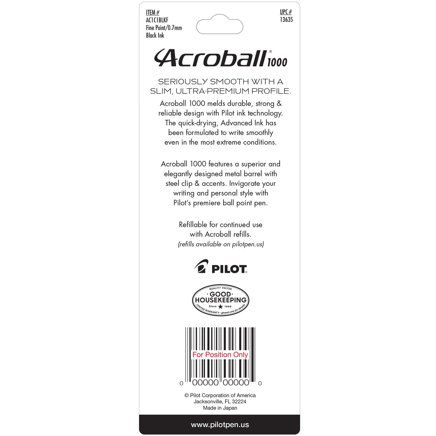Pilot 13635 Acro 1000 1pk Blk Trapped, Blk Barrel