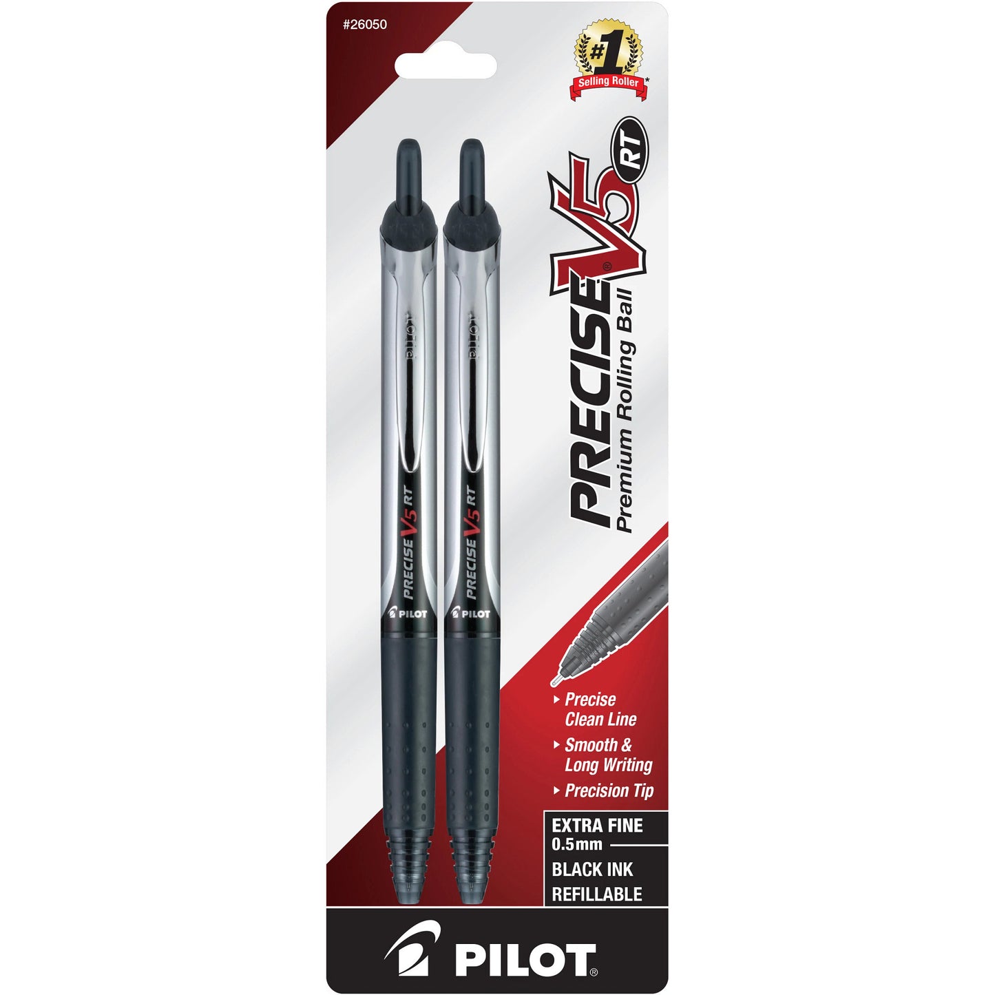 26050 Pilot Precise V5 RT Rollingball Pen, Ex Fine 0.5mm, Black Ink, 1 Pack of 2