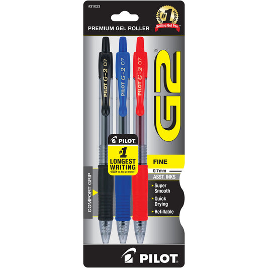 Pilot 31023 G2 Gel Ink Rolling Ball 3pk Asst