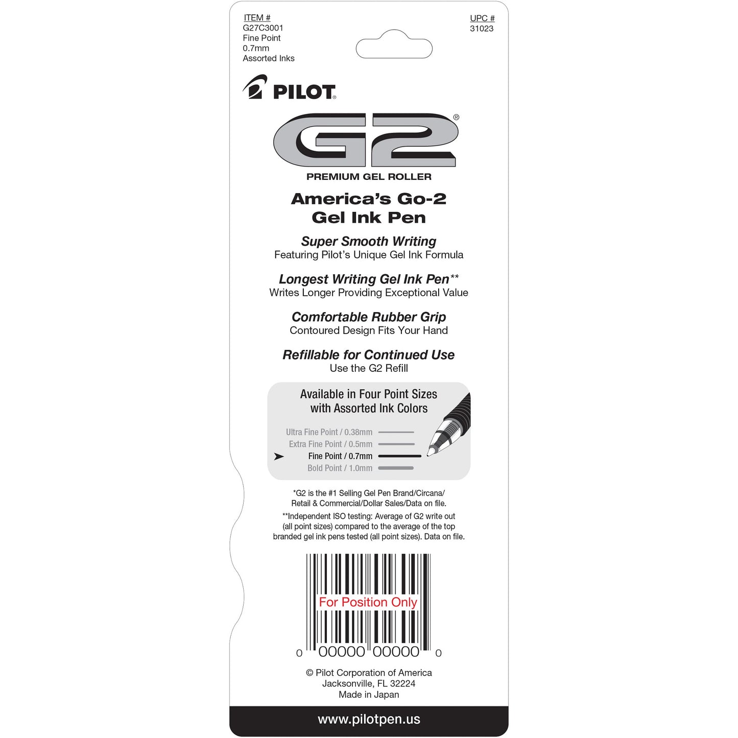 Pilot 31023 G2 Gel Ink Rolling Ball 3pk Asst