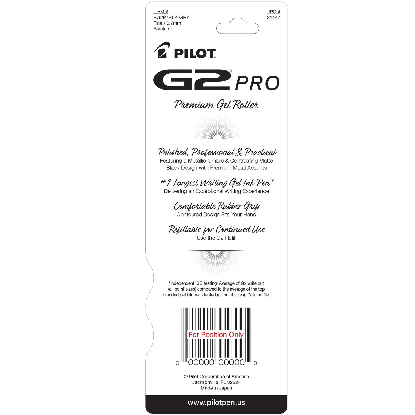 Pilot Bg2P7 G2 Pro Retractable Gel Rolling Ball, Fine, Grey Barrel