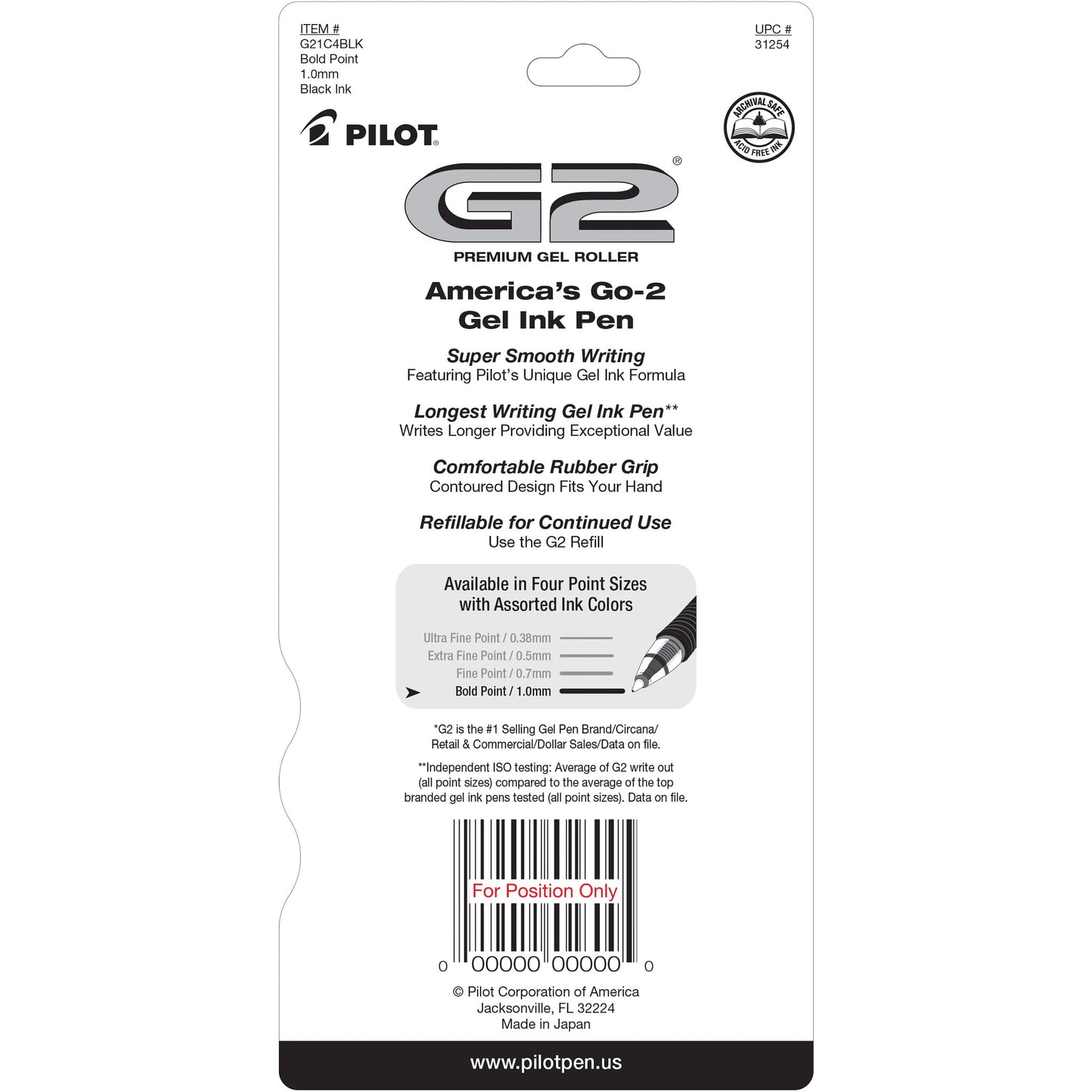 Pilot 31254 G2-1 Retractable Gel Rollerball, Bold, Black 4pk