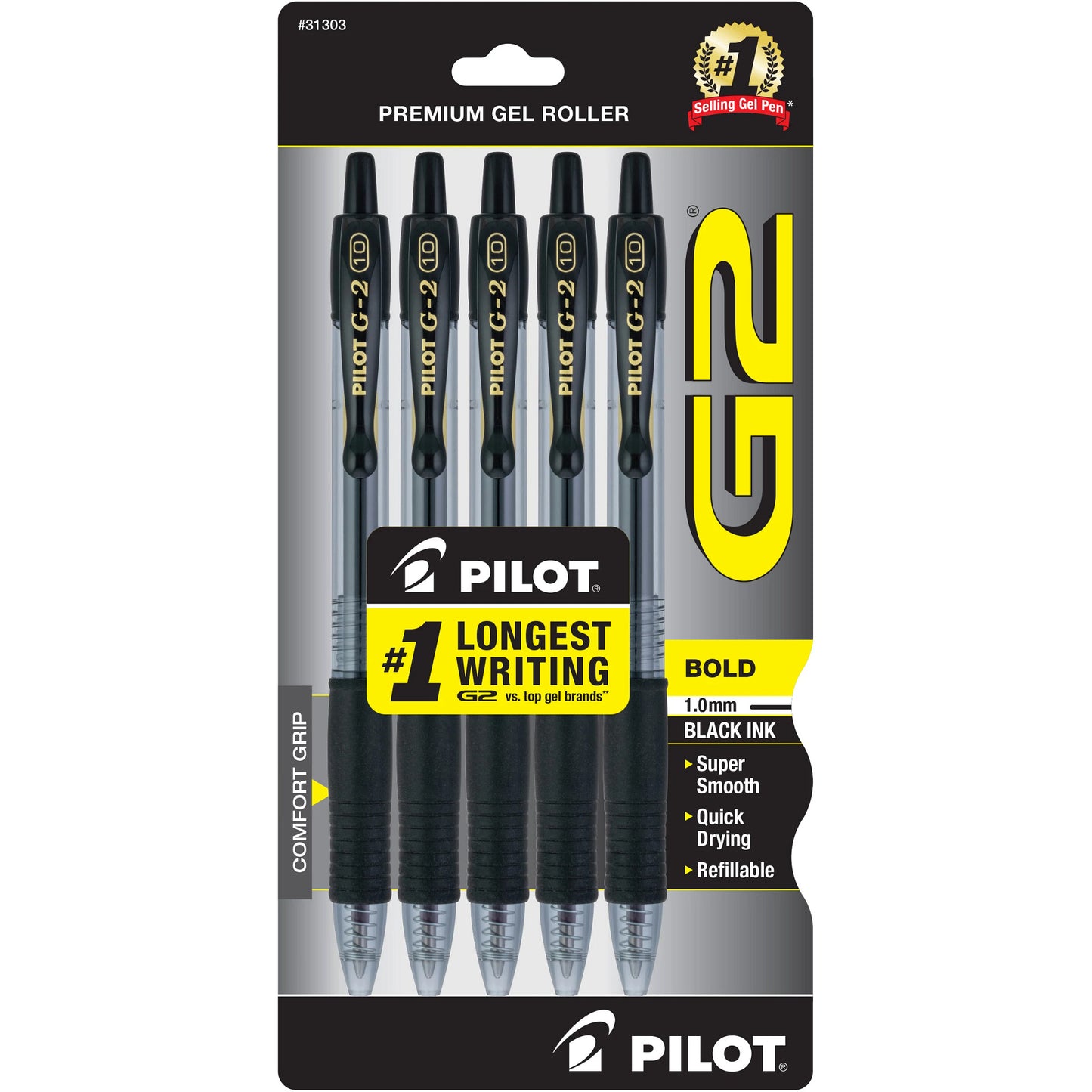 Pilot 31303 G2-1 Retractable Gel Rollerball, Bold, Black 5pk