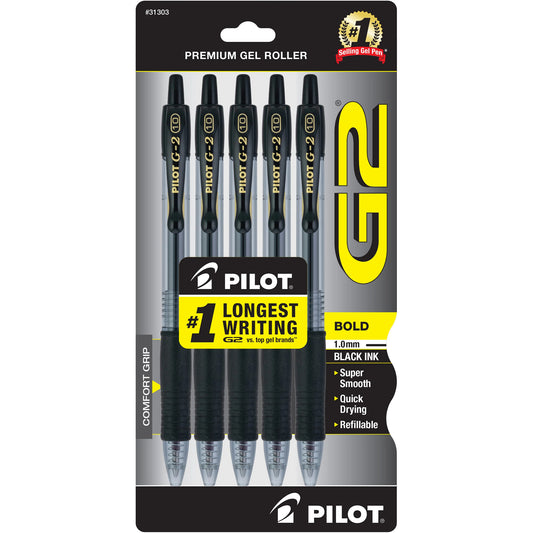 Pilot 31303 G2-1 Retractable Gel Rollerball, Bold, Black 5pk