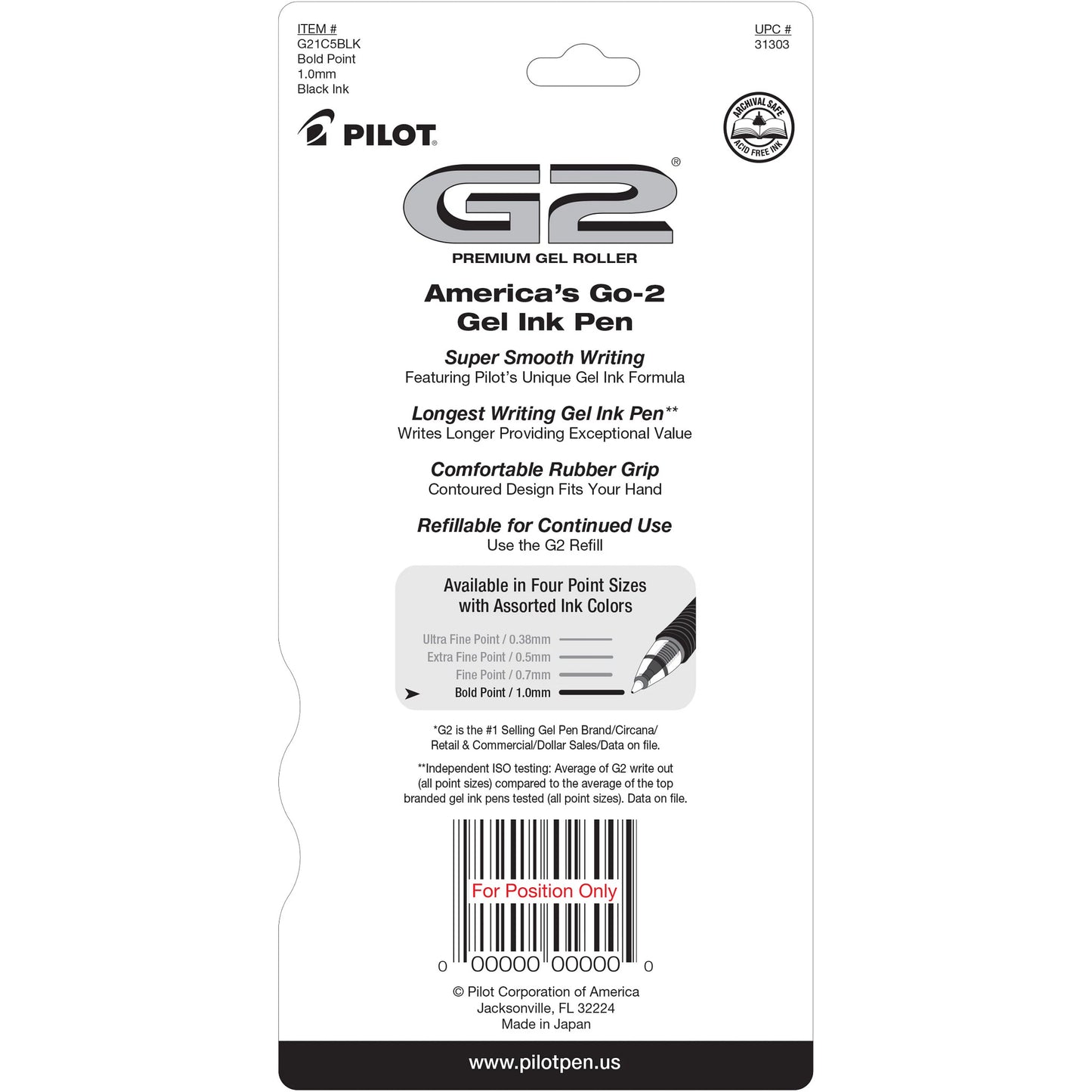 Pilot 31303 G2-1 Retractable Gel Rollerball, Bold, Black 5pk