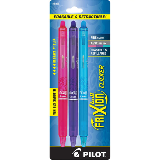 Pilot 31469 FriXion Clicker Retractable Erasable Gel Pens, FP 3pk, Asst Colors