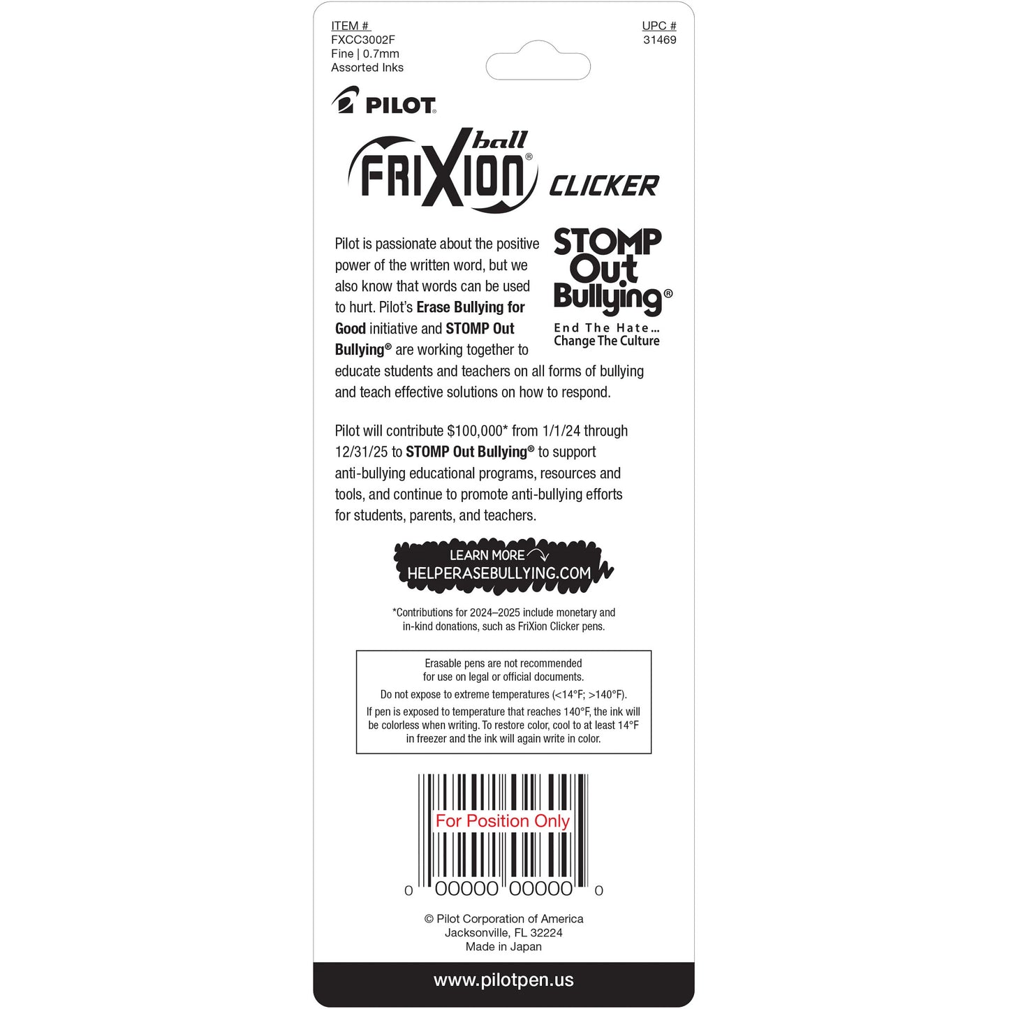 Pilot 31469 FriXion Clicker Retractable Erasable Gel Pens, FP 3pk, Asst Colors