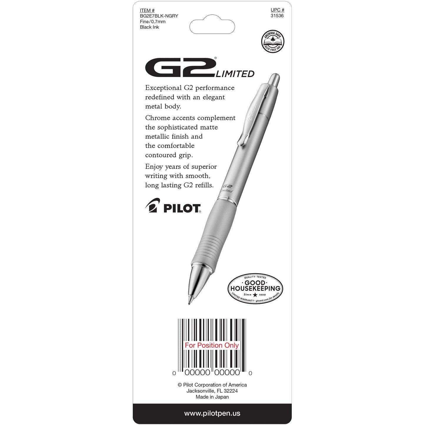 Pilot Bg2E7 G2 Limited Rt Gel Roller, Charcoal Barrel, Fine