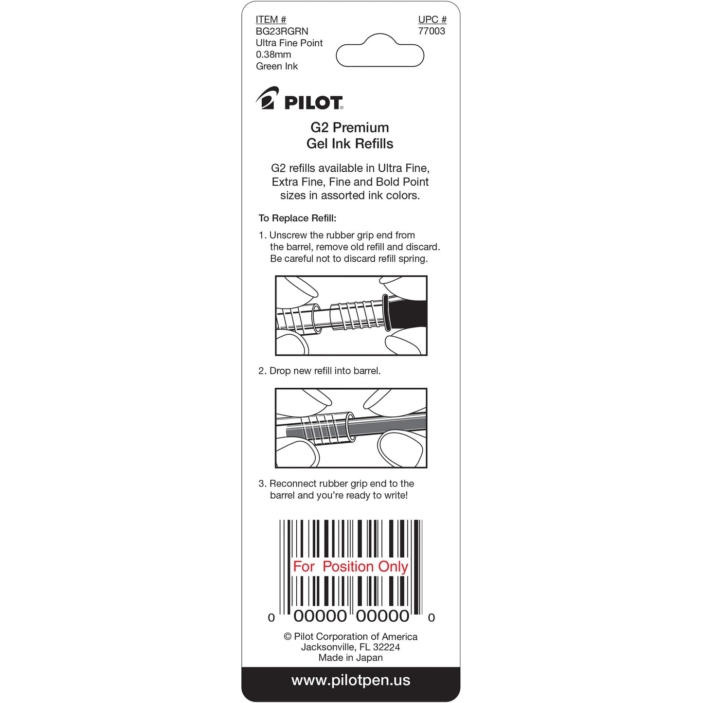 Pilot 77003 BG23R G2 Gel Ink Refills, Ultra Fine, Green