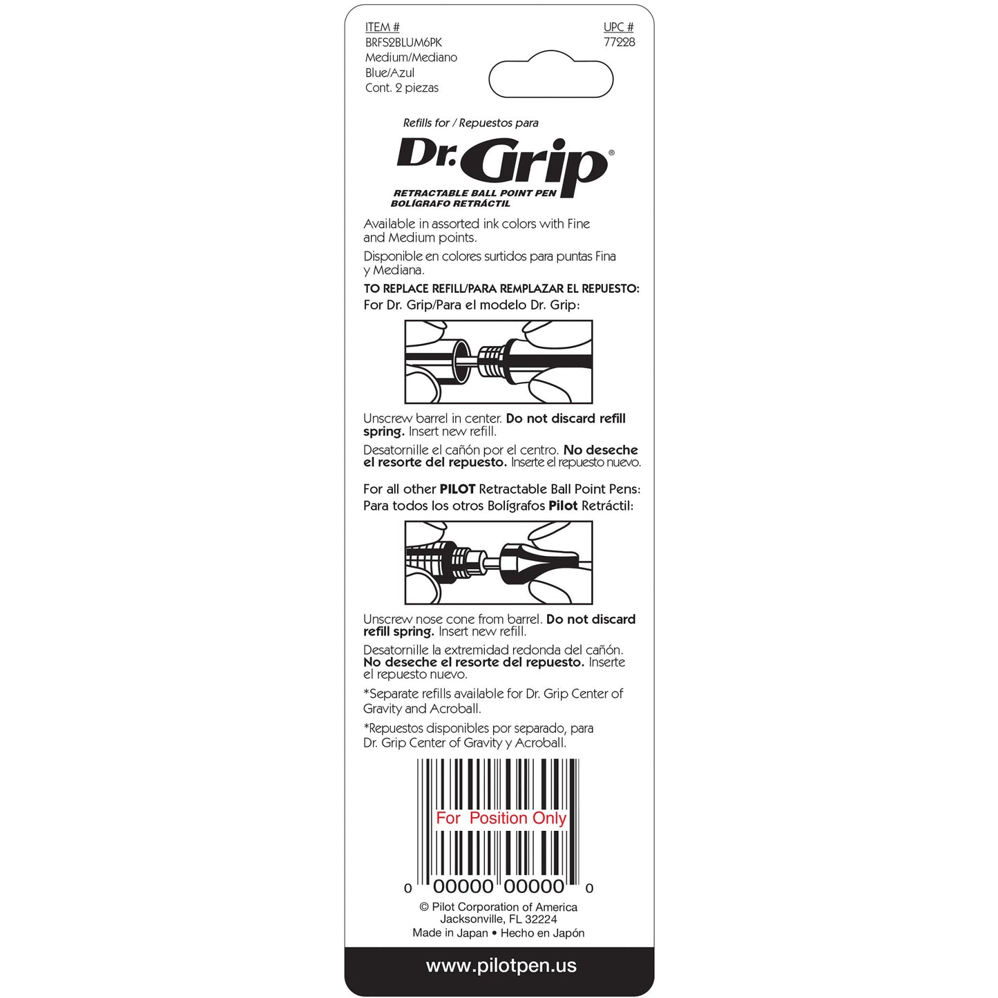 Pilot 77228 BRFS2 Dr. Grip Retractable Ball-Point Refill, Medium, Blue
