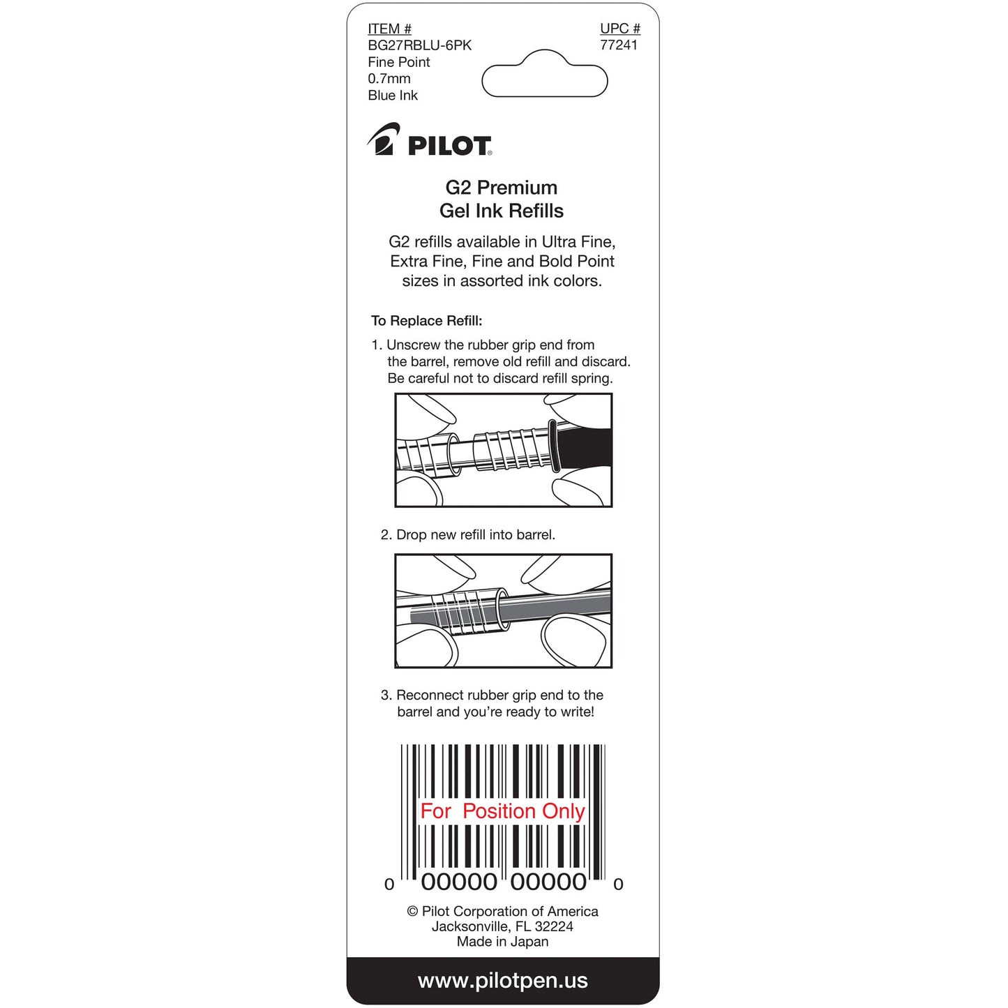 Pilot 77241 BG27R G2 Gel Ink Refills, Fine, Blue