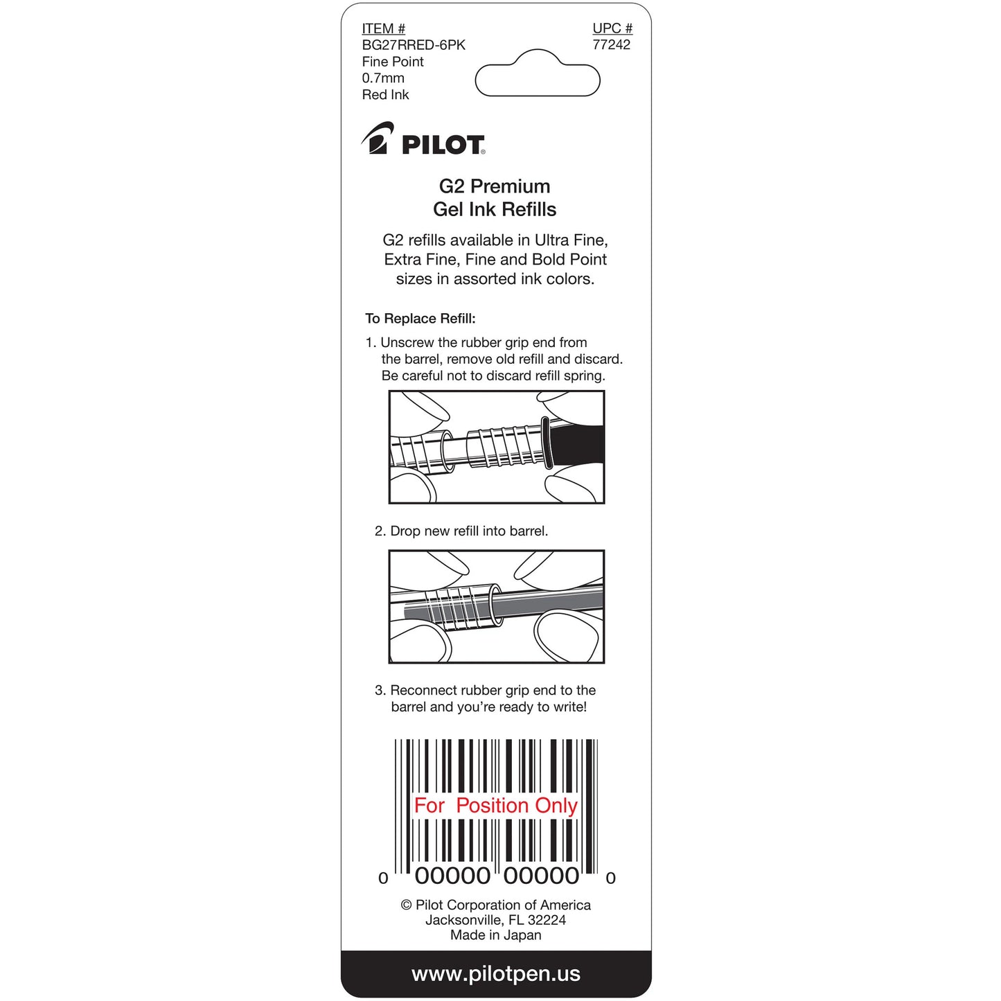 Pilot 77242 BG27R G2 Gel Ink Refills, Fine, Red