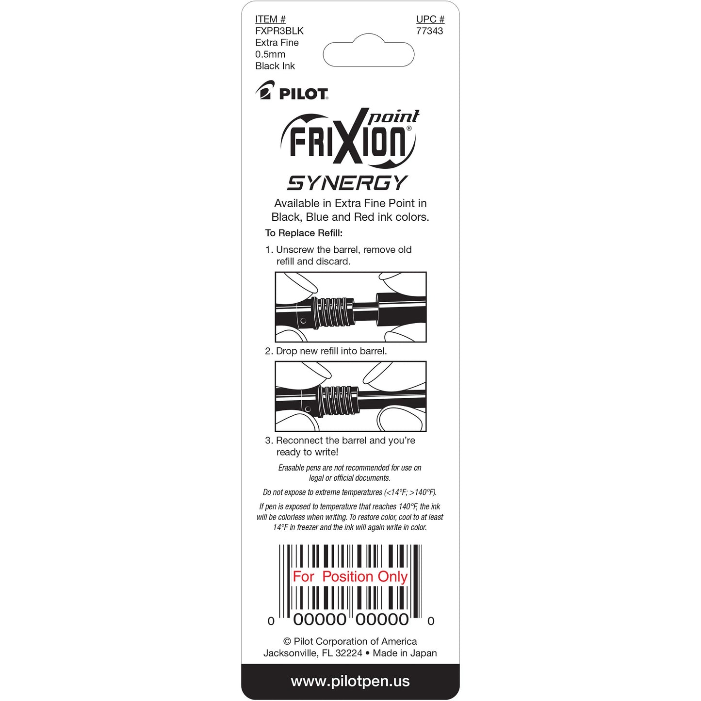 Pilot 77343 FriXion Refill, XF Point, Black, 3pk