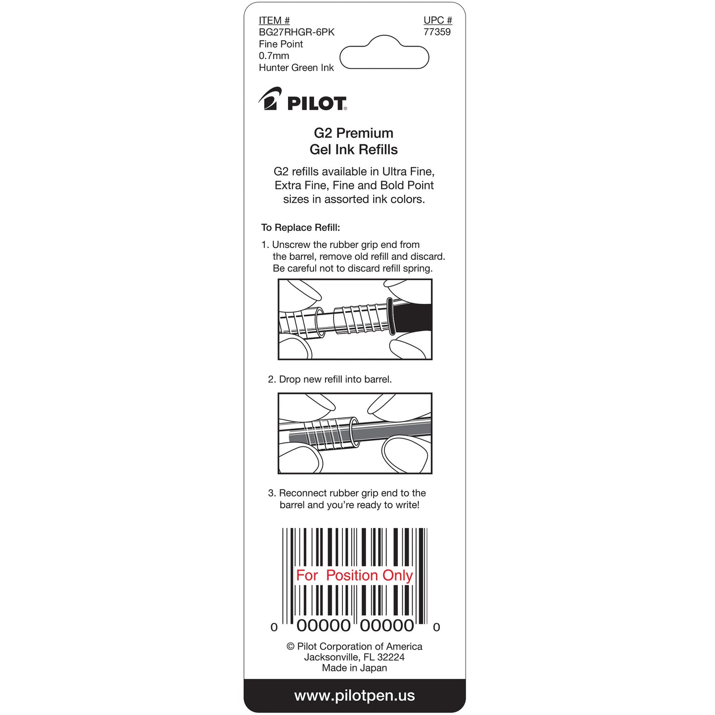 Pilot 77359 BG27R G2 Gel Ink Refills, Fine, Hunter Green