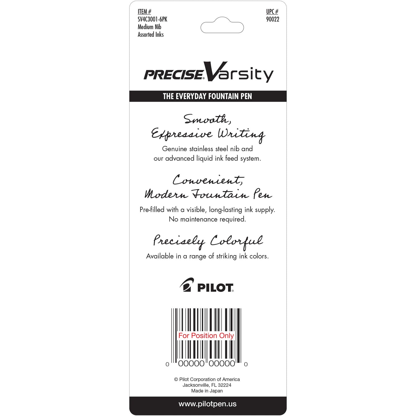 Pilot 90022 SV-4B Varsity Fountain Pens, Disposable, Assorted 3/pk  Pouch