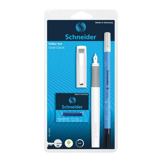 SCHNEIDER CEOD CLASSIC, FOUNTAIN PEN, 1 OF EACH PEN (WHITE), CARTRIDGE REFILL (BLUE INK), ERASER, M