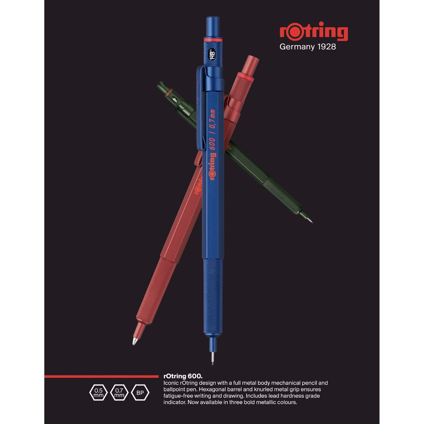 Rotring 600 Blue Ball Point Pen M Black GB