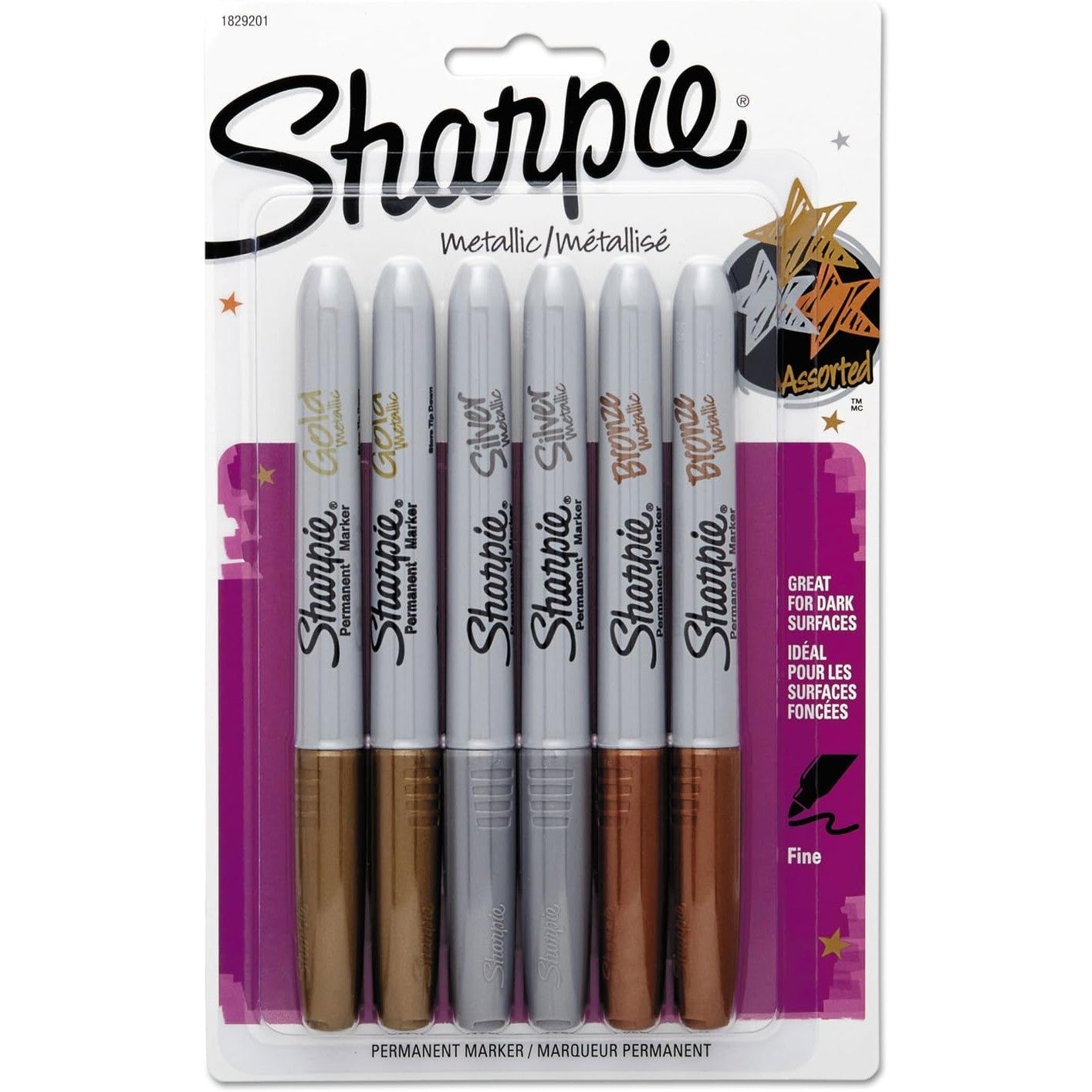 1829201 Sharpie Metallic Permanent Marker, Fine Pt, Gold/Silver/Bronze Pack of 6