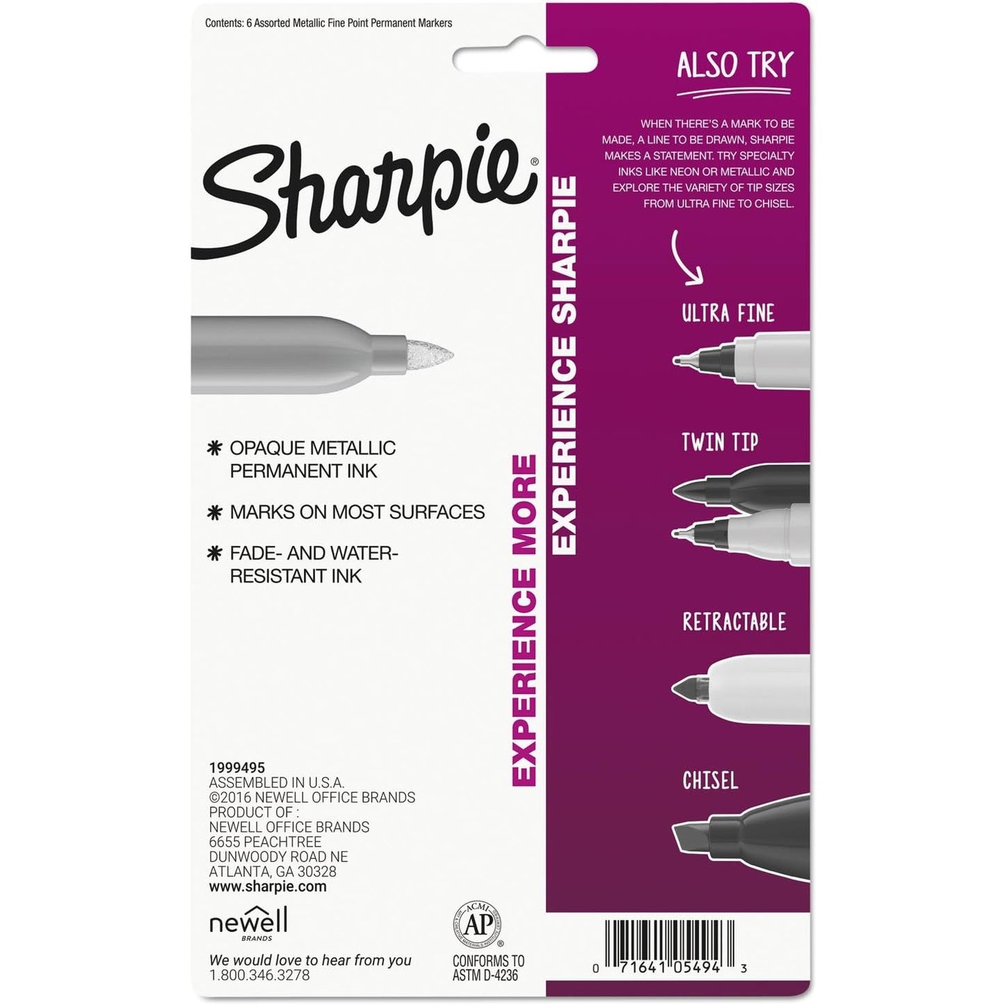 1829201 Sharpie Metallic Permanent Marker, Fine Pt, Gold/Silver/Bronze Pack of 6